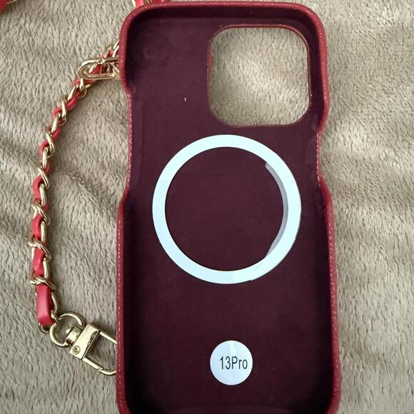 Luxury Quilted Phone Case with Chain Strap Red iPhone 13 Pro - Picture 4 of 5